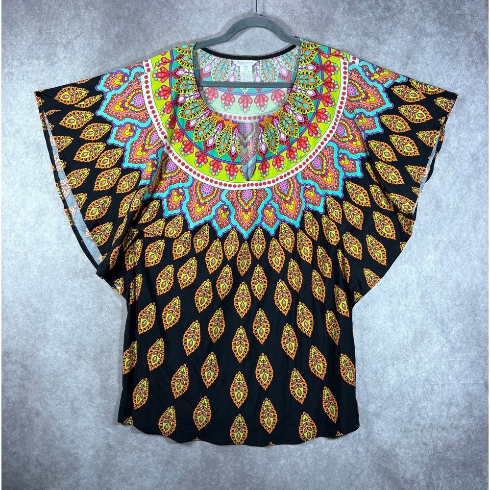 Trina Turk Top Women M Black Multicolor Mandala Print Dolman Kaftan Boho Artsy
